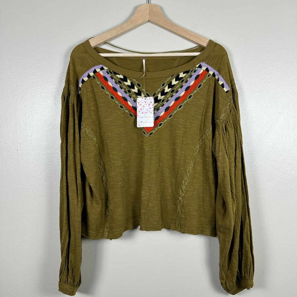 Free People Women's Large Embroidered Top Moss Green Boho Eyelet NEW